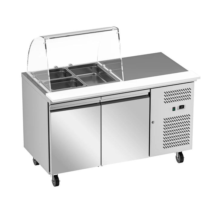 Nella 54" 2-Door Refrigerated Salad Prep Table with Curved Sneeze Guard - 3 Pans