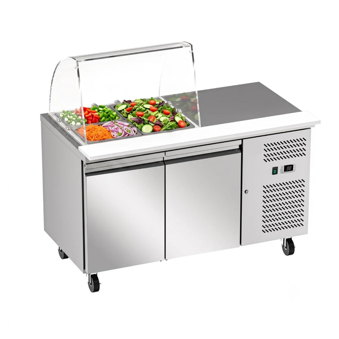 Nella 54" 2-Door Refrigerated Salad Prep Table with Curved Sneeze Guard - 3 Pans