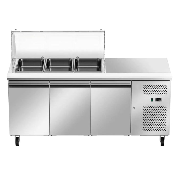 Nella 71" 3-Door Refrigerated Salad Prep Table with Curved Sneeze Guard - 3 Pans