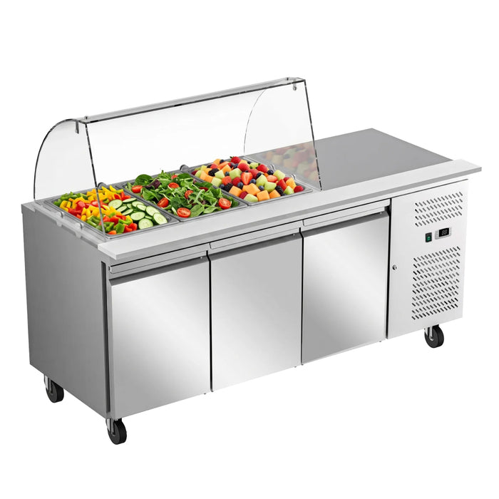 Nella 71" 3-Door Refrigerated Salad Prep Table with Curved Sneeze Guard - 3 Pans