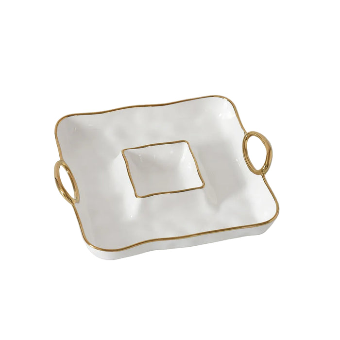 A white chip & dip serving tray with gold trim and two loop handles, shown on a clean white background.