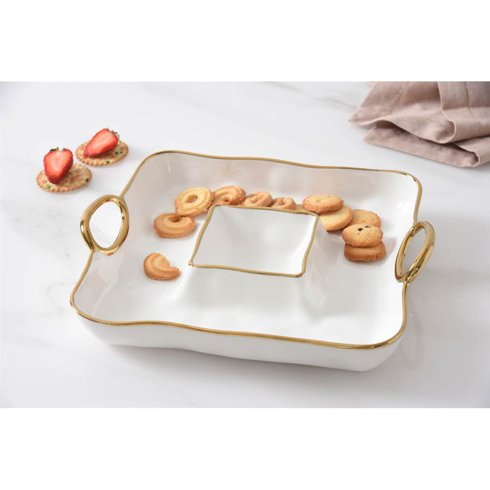 Pampa Bay 11.5" Golden Handles Square Porcelain Chip & Dip Serving Plate - CER1785WG
