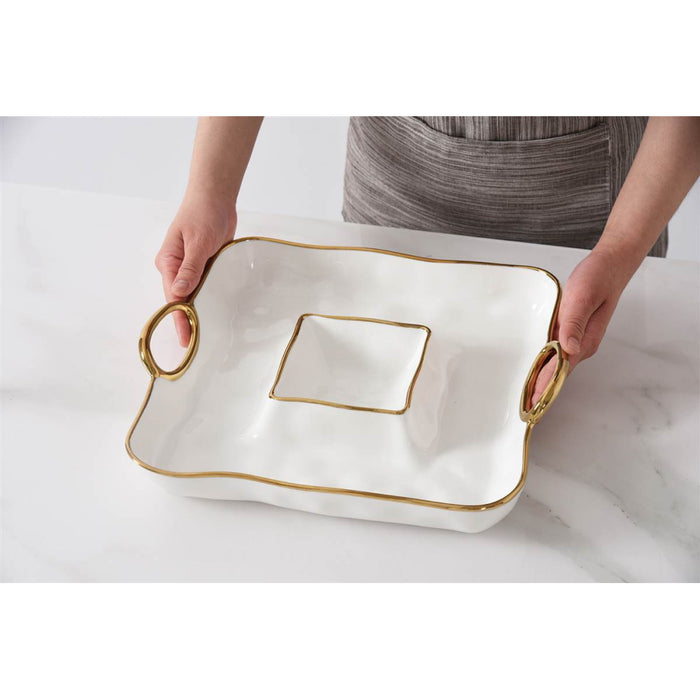 Pampa Bay 11.5" Golden Handles Square Porcelain Chip & Dip Serving Plate - CER1785WG