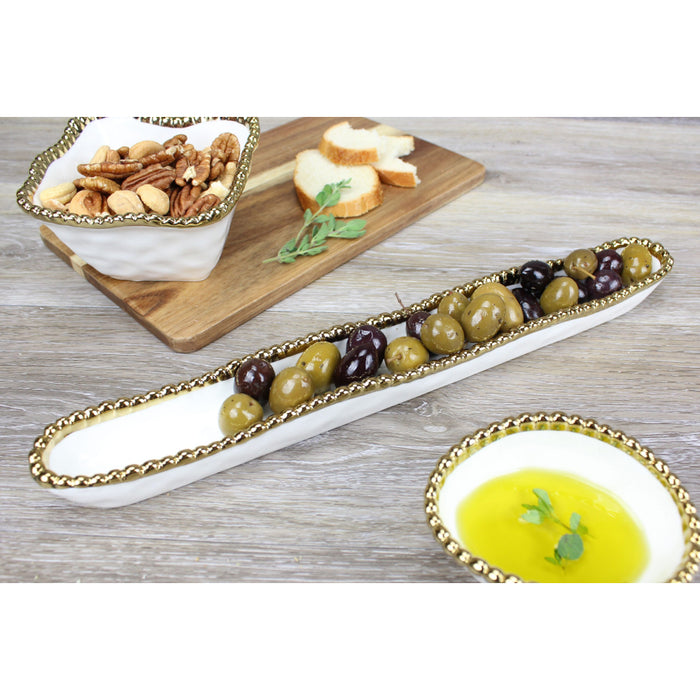 Pampa Bay 14" x 1.75" Golden Salerno Oval Porcelain Long Olive Serving Plate - 6/Case - CER2428WG