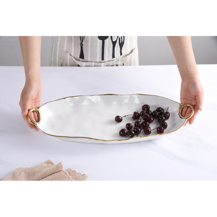 Pampa Bay 19.5" x 7.5" Golden Handles Oval Porcelain Deep Long Serving Plate - CER2673WG