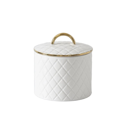 A white lidded container with a quilted diamond pattern and a gold-tone handle on top, set against a clean white background.