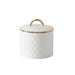 A white lidded container with a quilted diamond pattern and a gold-tone handle on top, set against a clean white background.
