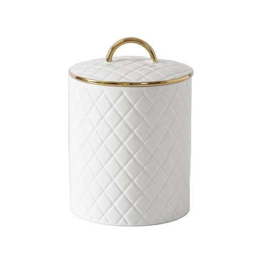 A large white canister with a diamond-quilted pattern, a matching lid, and gold trim including a top handle, shown on a white background.
