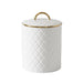 A large white canister with a diamond-quilted pattern, a matching lid, and gold trim including a top handle, shown on a white background.