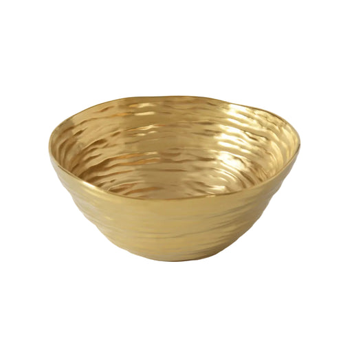 A gold salad serving bowl with a textured finish, photographed on a withe background.