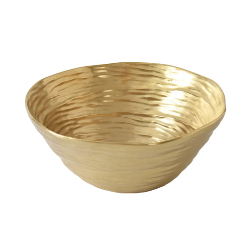 A large gold salad serving bowl with a textured, ribbed exterior, shown on a white background.