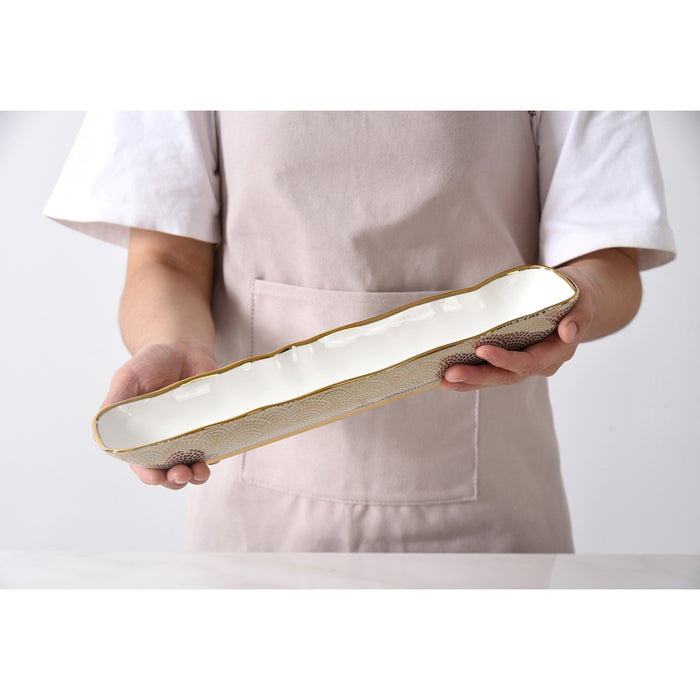 Pampa Bay 13" x 3.25" Sensu White-Gold Oval Porcelain Cracker Tray - 2/Case - GDD2014