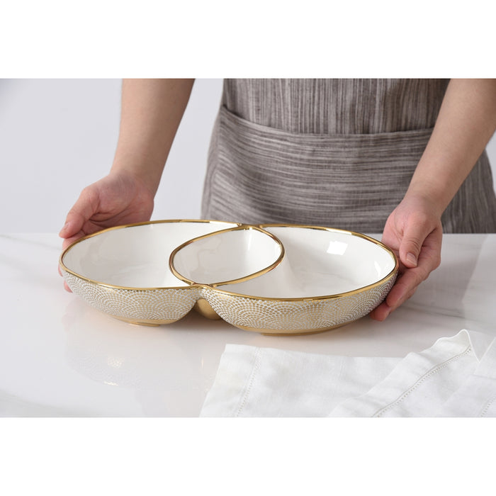 Pampa Bay 3-Section Sensu White-Gold Oval Porcelain Serving Bowl - GDD2015