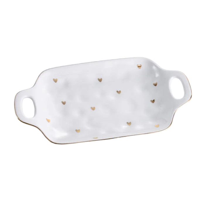 Pampa Bay 11.5" x 6.5" Heart to Heart White-Gold Rectangular Porcelain Tray with Handles - 2/Case - HRT001G
