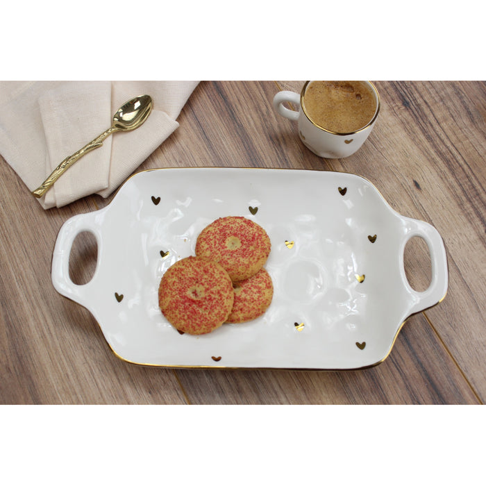 Pampa Bay 11.5" x 6.5" Heart to Heart White-Gold Rectangular Porcelain Tray with Handles - 2/Case - HRT001G