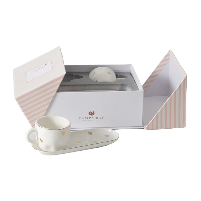 Pampa Bay 4 Oz. Heart to Heart White-Gold Porcelain Espresso Cup & Saucer Set - 2/Case - HRT014G