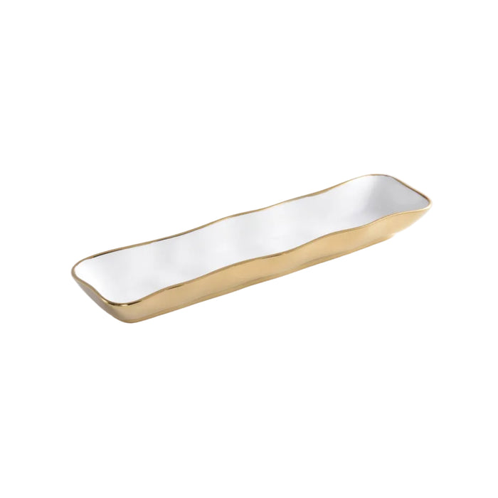 Pampa Bay 13" x 3" Moonlight White-Gold Rectangular Porcelain Cracker Tray - 4/Case - MON2741WG