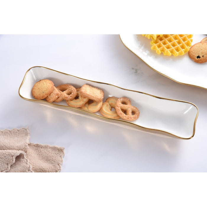 Pampa Bay 13" x 3" Moonlight White-Gold Rectangular Porcelain Cracker Tray - 4/Case - MON2741WG