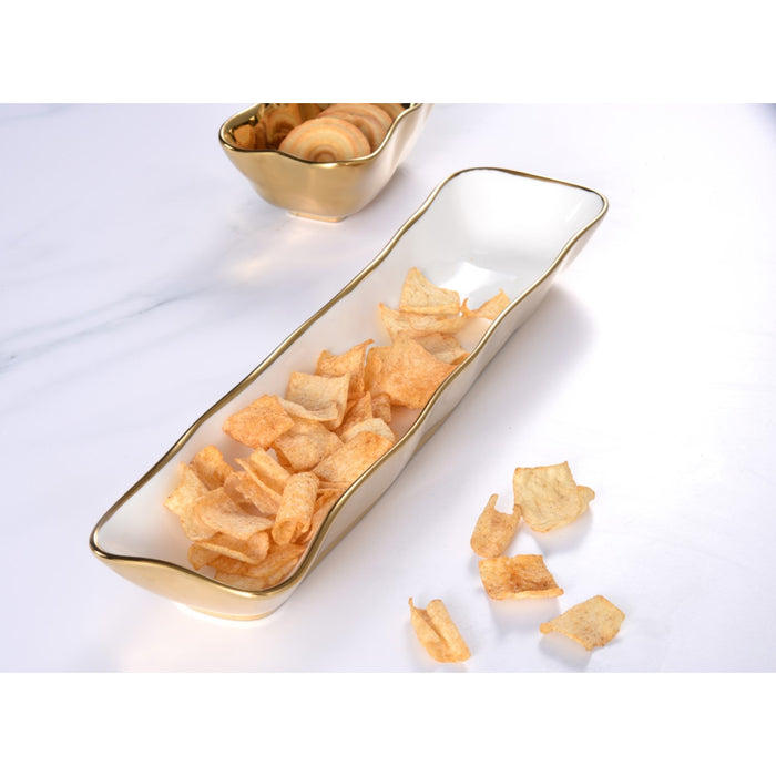 Pampa Bay 13" x 3" Moonlight White-Gold Rectangular Porcelain Cracker Tray - 4/Case - MON2741WG