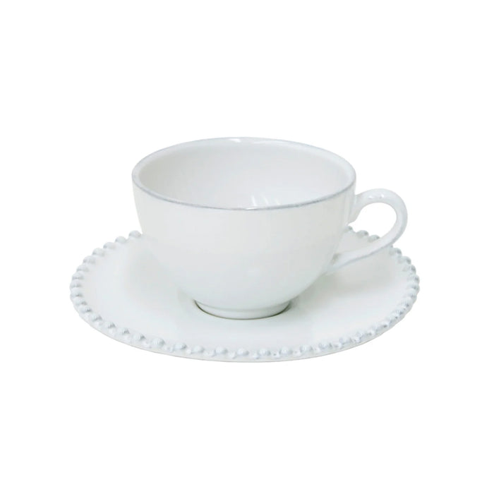 Costa Nova 8 Oz. Pearl White Stoneware Tea Cup & Saucer Set - 6/Case - PECS04-WHI