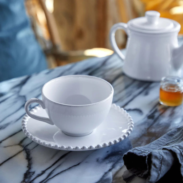 Costa Nova 8 Oz. Pearl White Stoneware Tea Cup & Saucer Set - 6/Case - PECS04-WHI