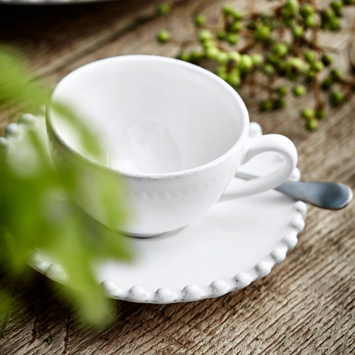 Costa Nova 3 Oz. Pearl White Stoneware Coffee Cup & Saucer - 6/Case - PECS05-WHI
