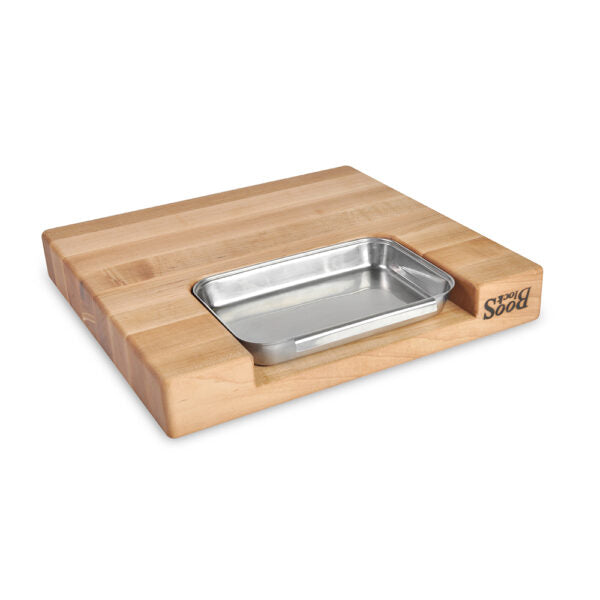 John Boos PM1514225-P 15" x 14" Maple Newton Prep Master Reversible Maple Cutting Board With Juice Groove & Stainless Pan