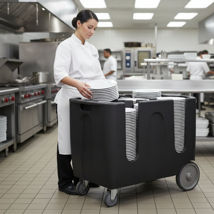 Igloo 28" Adjustable Dish Cart with 6 Dividers - TAA-6-lifestyle image in commercial environment. female adding clean dishes