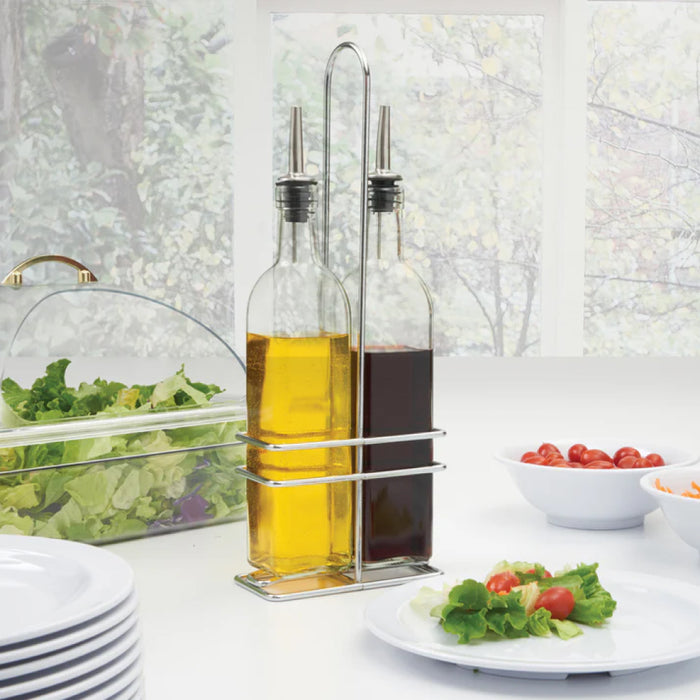 Winco GOB-16S 16 Oz. Oil & Vinegar Cruet Set with Chrome Plated Rack