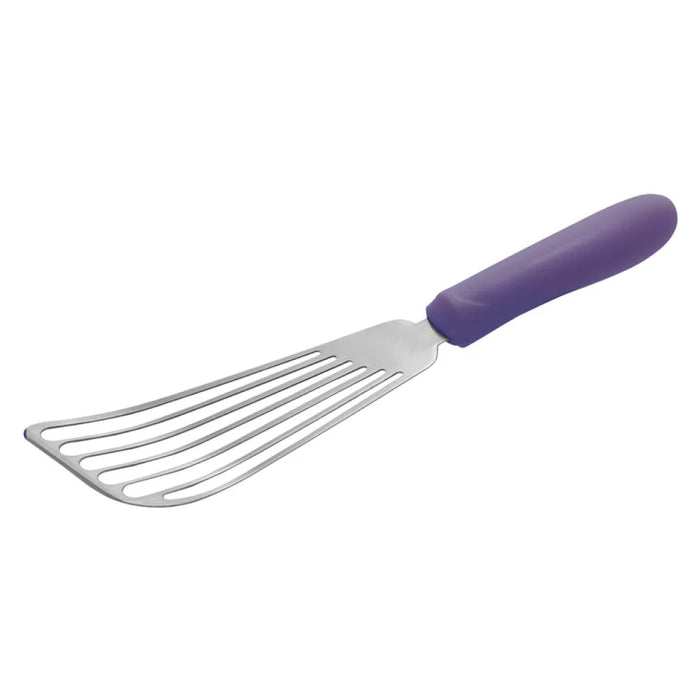 Winco TWP-60P 6.75" x 3.25" Allergen-Free Stainless Steel Slotted Fish Spatula with Purple Polypropylene Handle