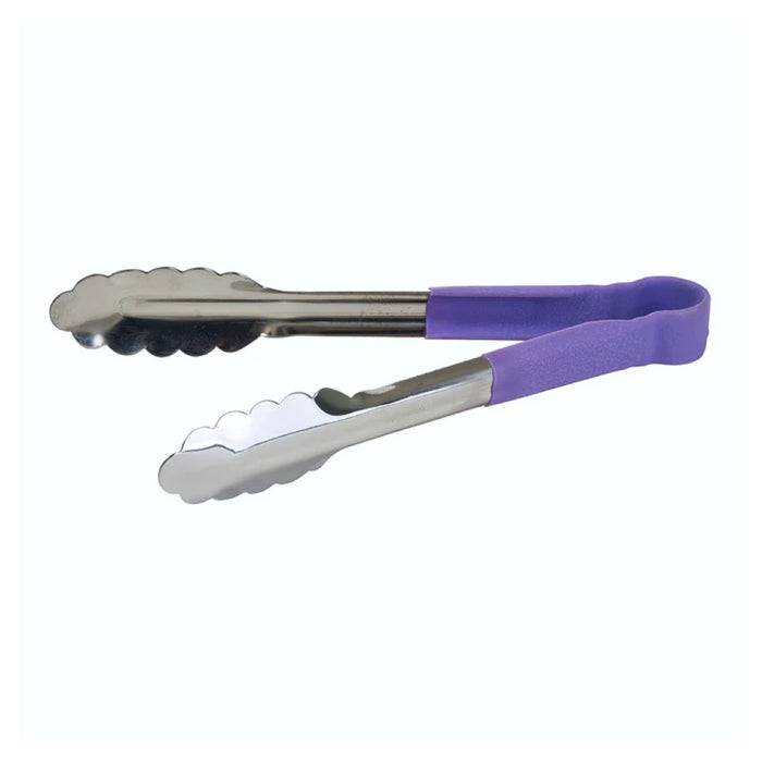 Winco UTPH-9P 9" Heat Resistant, Allergen-Free Utility Tongs with Purple Polypropylene Handle