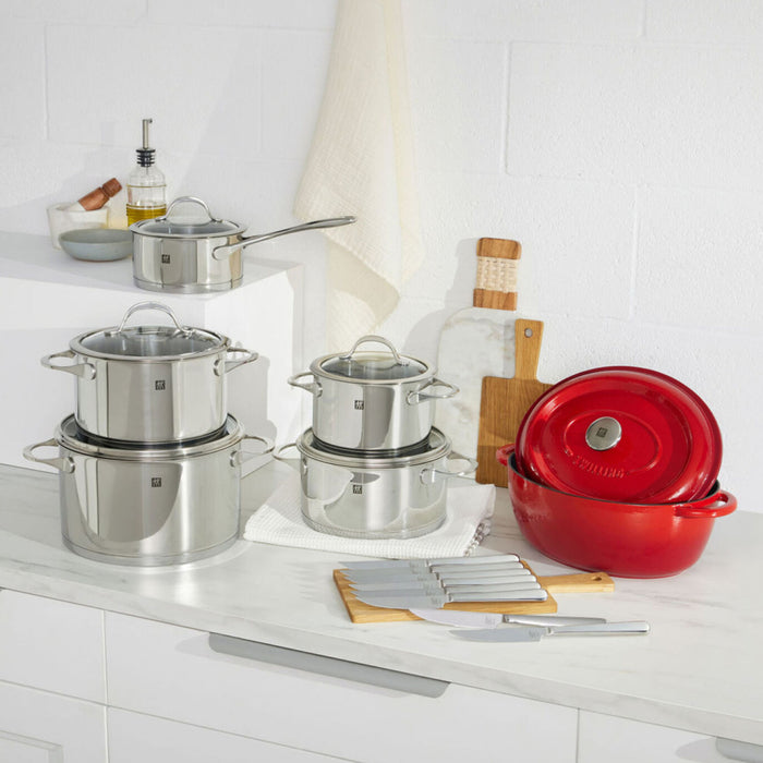 Zwilling Essence 10-piece Stainless Steel Cookware Set with Bonus 4.75 qt. Oval French Oven & 8-piece Steak Knife Set - 66220-010