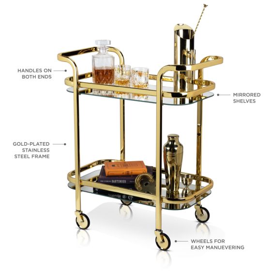 Nella Viski 27" x 13.5" Gold Mirrored Rolling Bar Cart - 5891