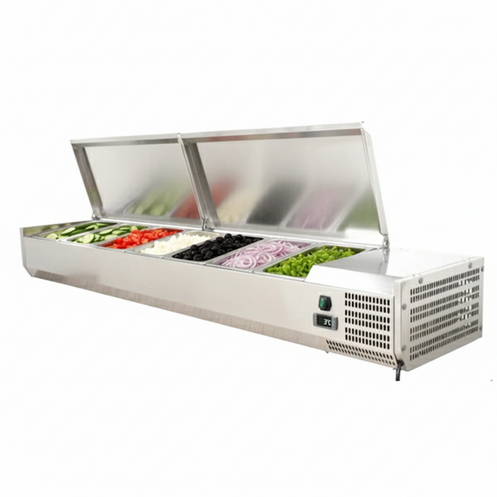 Nella 59" Refrigerated Topping Rail with Stainless Steel Cover, 6-Pan Capacity