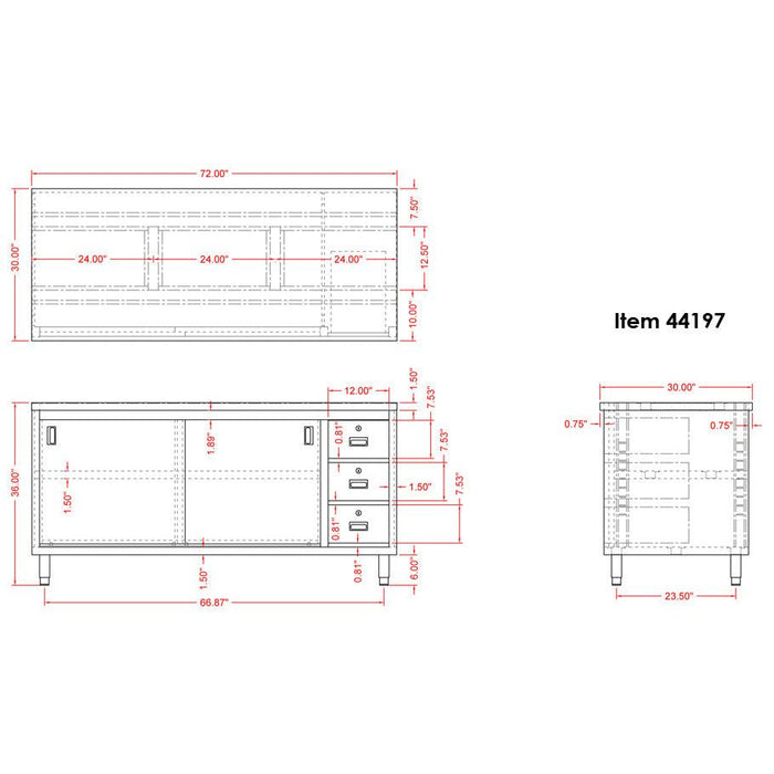 Nella 30” x 72” Stainless Steel Work Table with Cabinet, Drawers and Sliding Doors - 44197