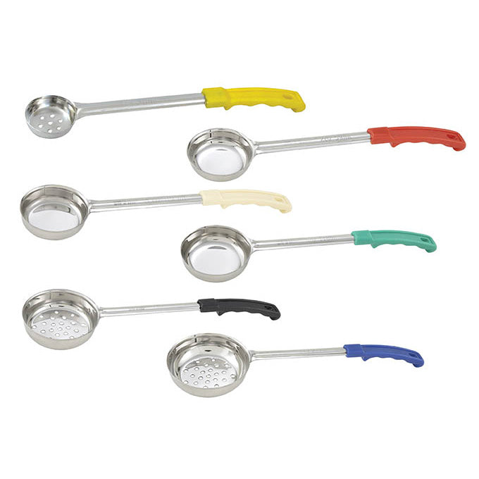 Winco FPP-1 1 Oz. One-Piece Stainless Steel Perforated Portion Control Spoon - Yellow