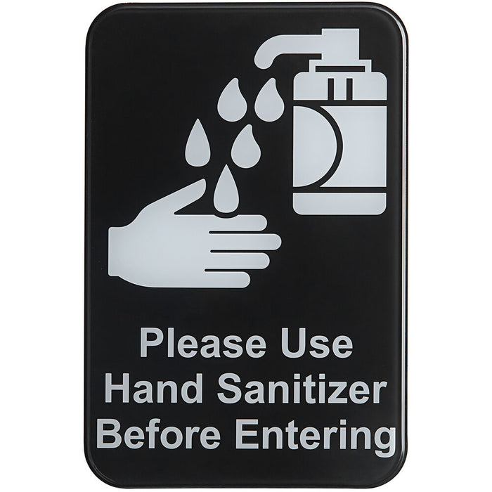 Table Craft 10594 6" x 9" Black / White Plastic "Please Use Hand Sanitizer Before Entering" Sign with Symbol