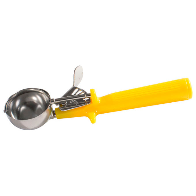 Winco ICOP-20 1.6 Oz. One-Piece Handle Food Disher with Spring Release - Yellow