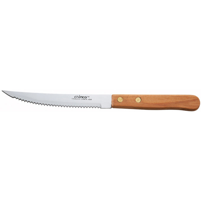 Winco K-45W 4.5" Point Tip Standard Blade Steak Knife with Wooden Handle - 12/Case