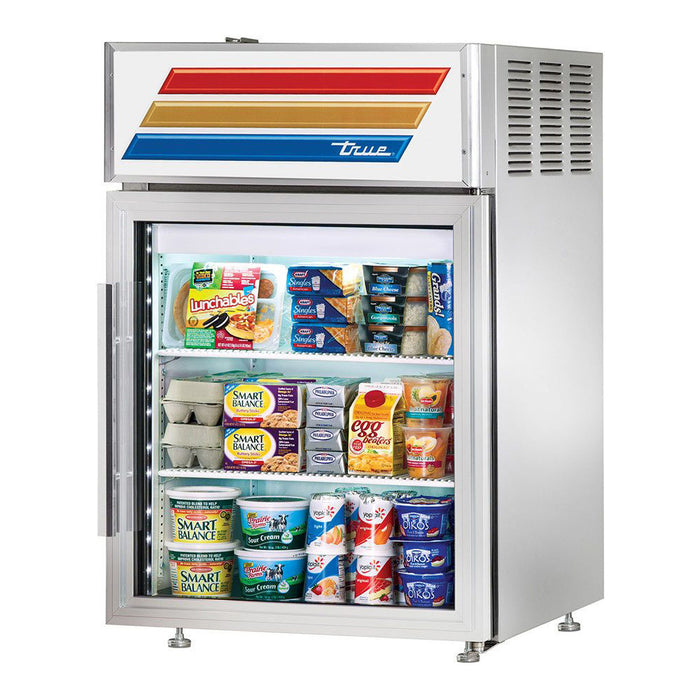 True GDM-05PT-S-HC-LD 24" Pass-Thru Counter-Top Stainless Steel Refrigerated Merchandiser with Swing Door
