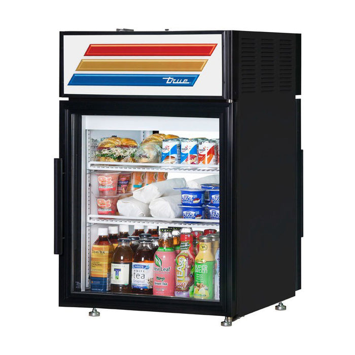 True GDM-05PT-HC-LD 24" Pass-Thru Black Countertop Refrigerated Merchandiser with Swing Door