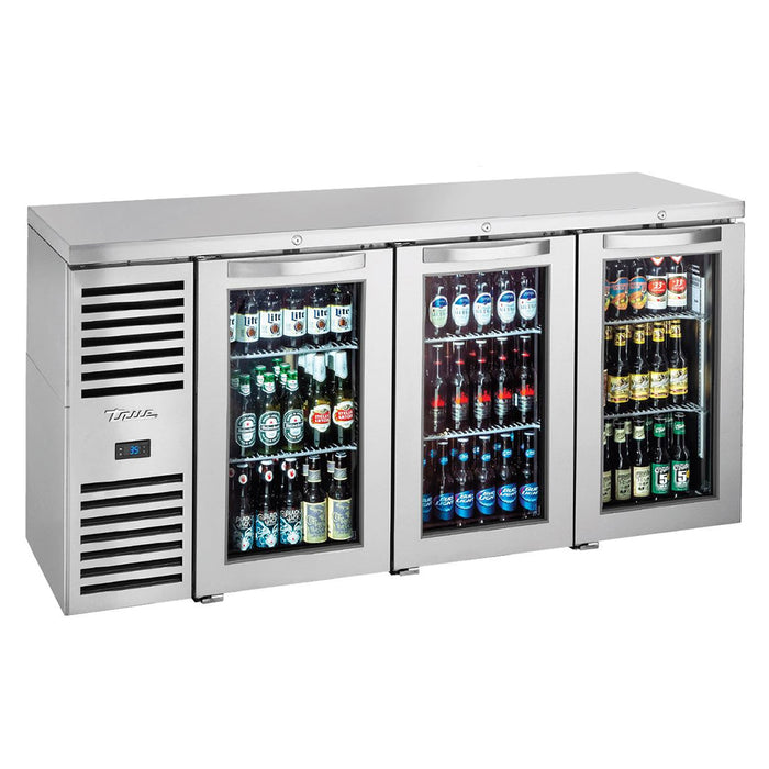 True TBR72-RISZ1-L-S-GGG-1 72" Stainless Steel Glass 3-Door Single Back Bar Refrigerator