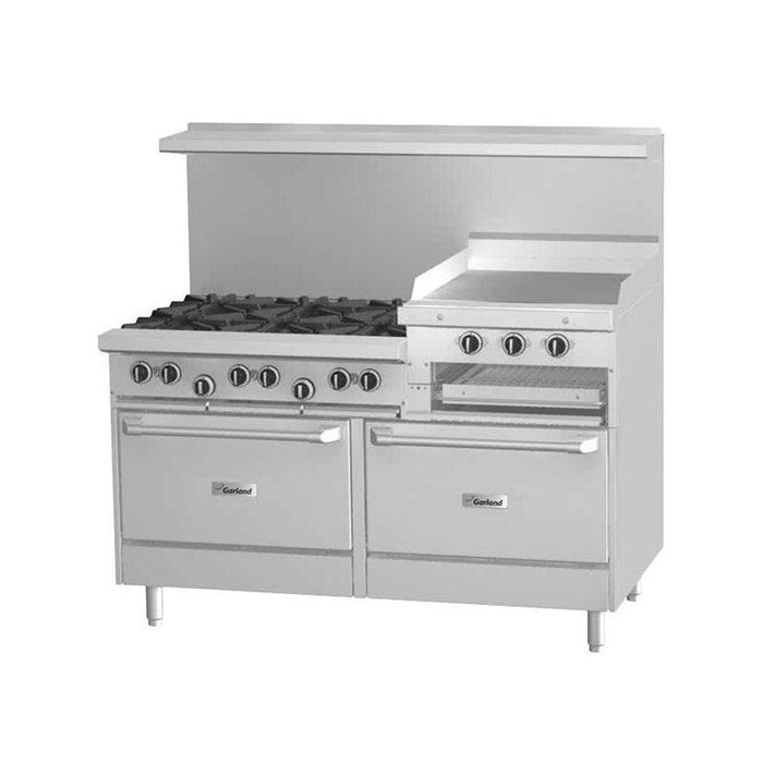 Garland G60-6R24RS 60" Natural Gas 6 Burner Range With 24" Raised Griddle Or Broiler And with 1 Standard Oven and 1 Storage Base - 269,000 Btu - Nella Online