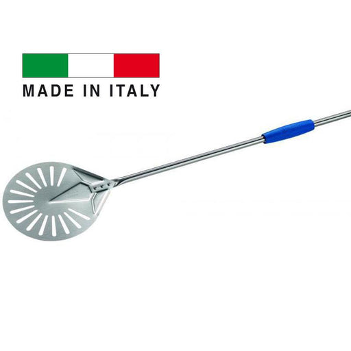 GI Metal I-23F Azzurra 9” Stainless Steel Perforated Round Pizza Peel with 59” Handle - Nella Online