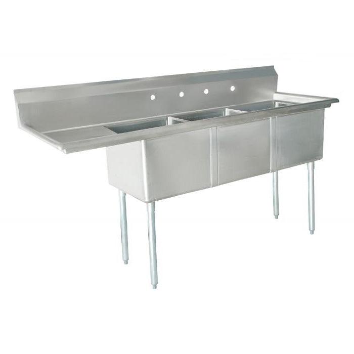 Nella 98.5" Three Compartment Sink with Center Drain and Left Drain Board - 24" x 24" x 14" Bowl - 43786