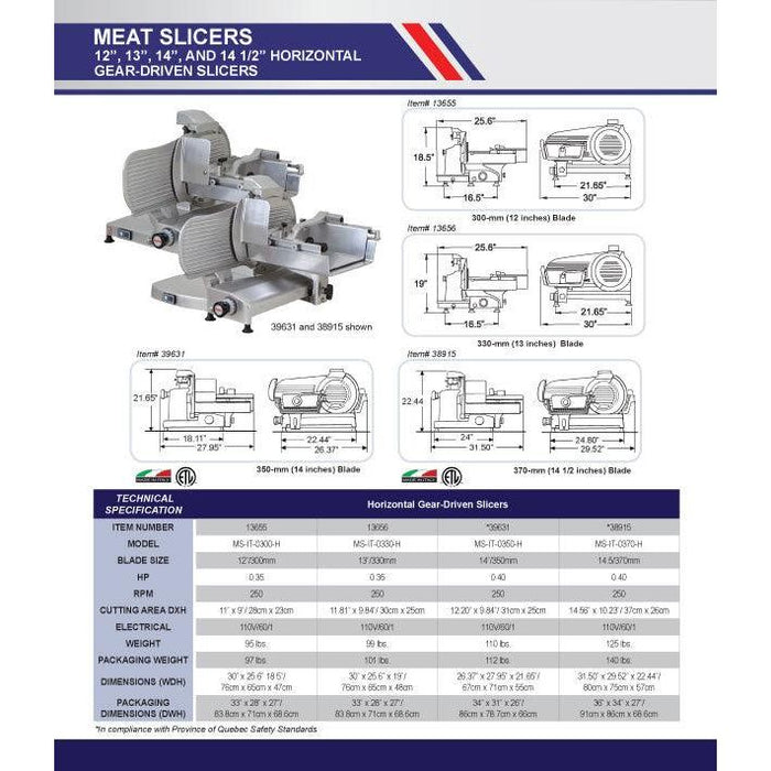 Trento 15" Manual Horizontal Gear-Driven Meat Slicer 0.40 hp - 38915