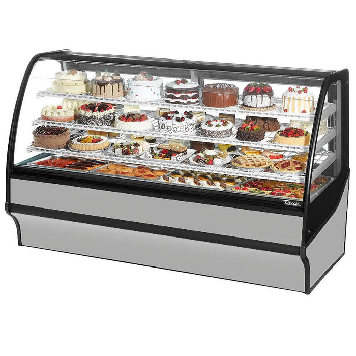 True TDM-R-77-GE/GE 77" Stainless Steel Curved Glass Refrigerated Bakery Display Case With White Interior